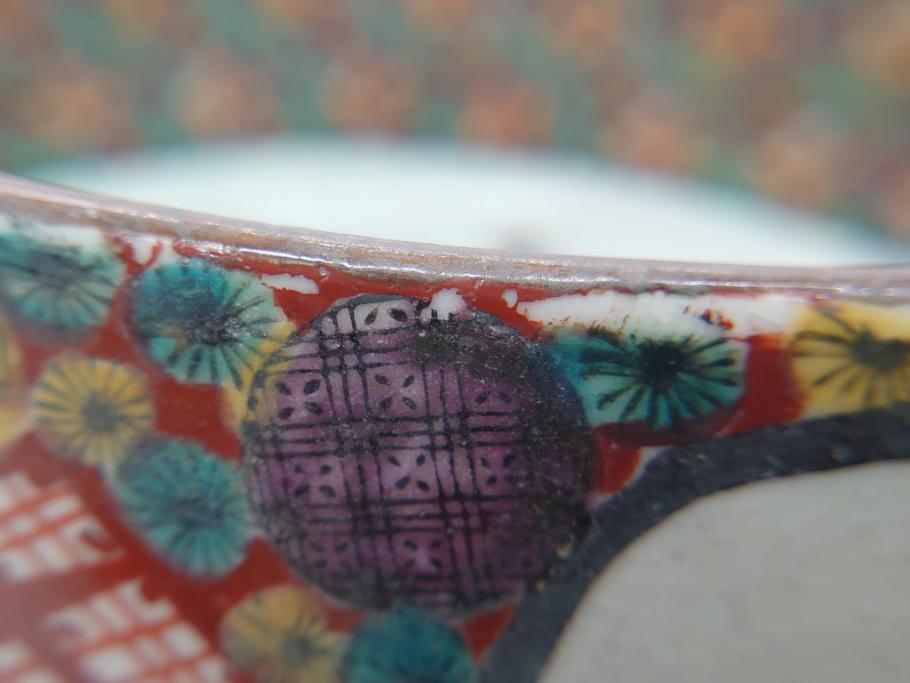 希少　上手物　江戸〜明治　九谷焼　二重角福　色絵　花鳥図　彩り鮮やかな絵付けに惹かれる9寸深鉢(松、梅、鳥、狸、人物、和食器)(R-061812)