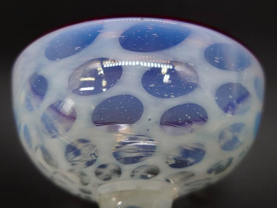 当時物　大正～昭和初期　椀型　乳白ぼかし　乳白水玉　輪花　赤縁　柔らかい雰囲気を醸し出す氷コップ2点セット(吹きガラス、硝子、グラス、和ガラス)(R-082795)
