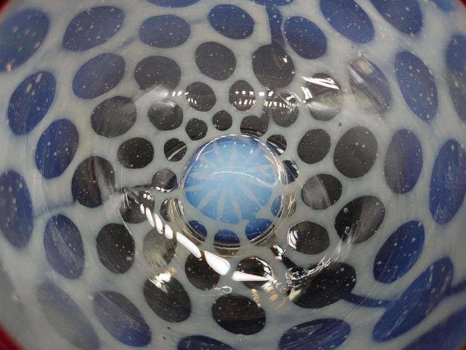 当時物　大正～昭和初期　椀型　乳白ぼかし　乳白水玉　輪花　赤縁　柔らかい雰囲気を醸し出す氷コップ2点セット(吹きガラス、硝子、グラス、和ガラス)(R-082795)