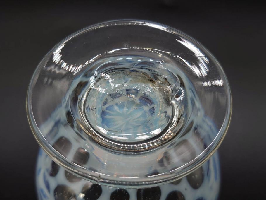 当時物　大正～昭和初期　椀型　乳白ぼかし　乳白水玉　輪花　赤縁　柔らかい雰囲気を醸し出す氷コップ2点セット(吹きガラス、硝子、グラス、和ガラス)(R-082795)