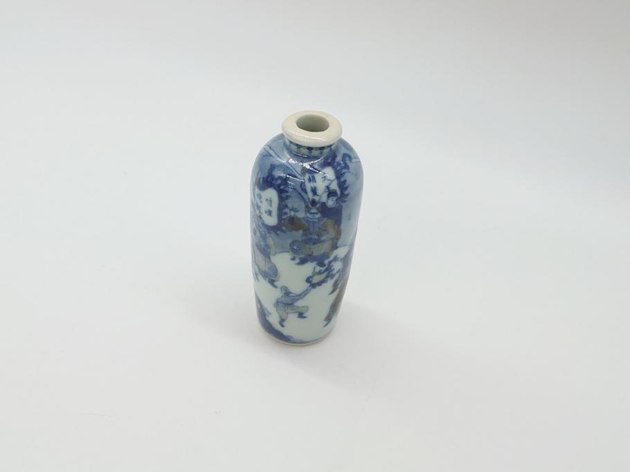 江戸〜明治　染付　極小　興味深い情景の絵付けが目を引く飾り壺(一輪挿し、鼻煙壺、壷、花器、人物、虎)(R-061808)