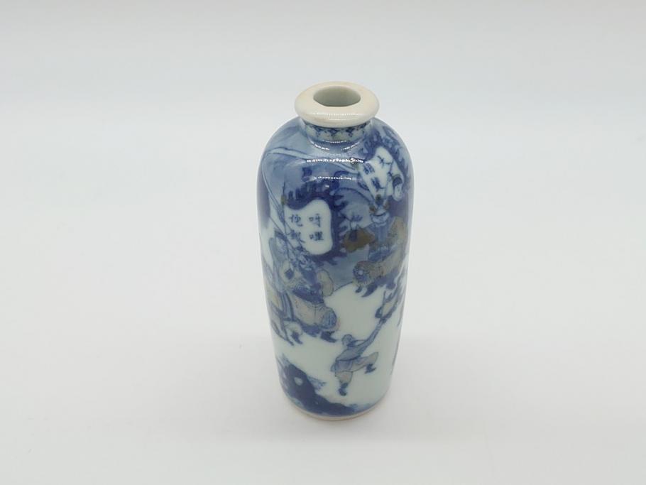 江戸〜明治　染付　極小　興味深い情景の絵付けが目を引く飾り壺(一輪挿し、鼻煙壺、壷、花器、人物、虎)(R-061808)