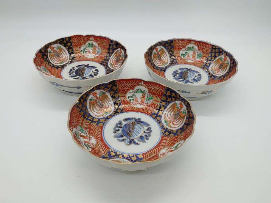 明治期　伊万里焼　錦手　金襴手　染錦　二重角富　金彩　色絵　桃図　5.8寸皿　約17.5cm　煌びやかで豪華な絵付けの深皿3枚セット(五寸八分、和皿、中皿、和食器)(R-061881)