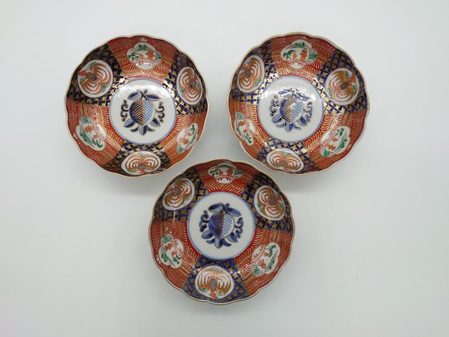 明治期　伊万里焼　錦手　金襴手　染錦　二重角富　金彩　色絵　桃図　5.8寸皿　約17.5cm　煌びやかで豪華な絵付けの深皿3枚セット(五寸八分、和皿、中皿、和食器)(R-061881)
