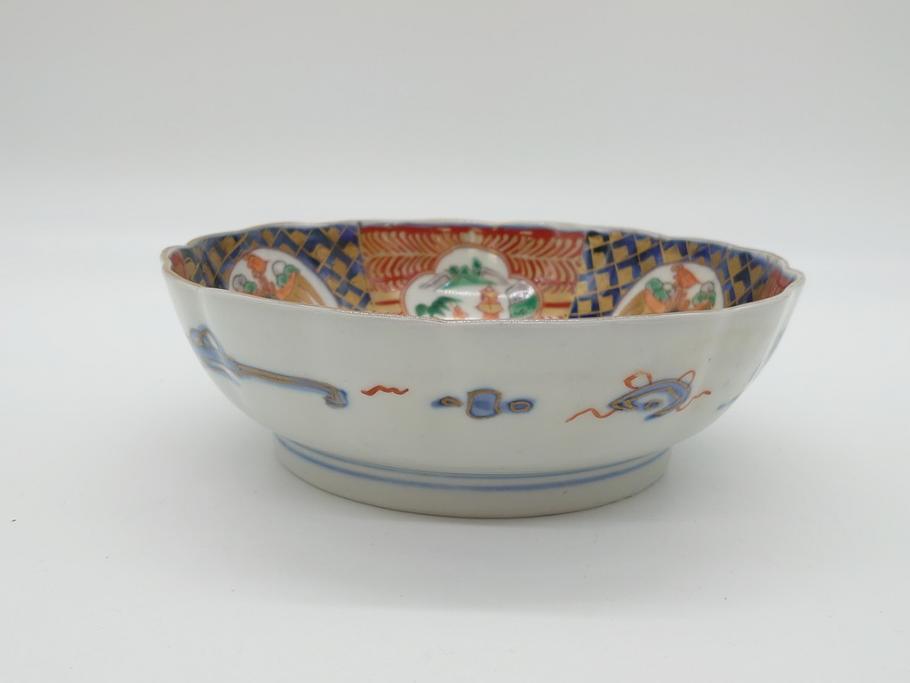 明治期　伊万里焼　錦手　金襴手　染錦　二重角富　金彩　色絵　桃図　5.8寸皿　約17.5cm　煌びやかで豪華な絵付けの深皿3枚セット(五寸八分、和皿、中皿、和食器)(R-061881)