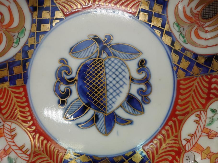 明治期　伊万里焼　錦手　金襴手　染錦　二重角富　金彩　色絵　桃図　5.8寸皿　約17.5cm　煌びやかで豪華な絵付けの深皿3枚セット(五寸八分、和皿、中皿、和食器)(R-061881)