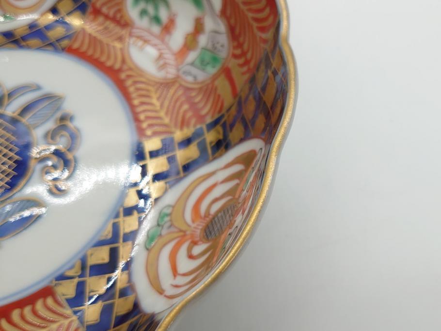 明治期　伊万里焼　錦手　金襴手　染錦　二重角富　金彩　色絵　桃図　5.8寸皿　約17.5cm　煌びやかで豪華な絵付けの深皿3枚セット(五寸八分、和皿、中皿、和食器)(R-061881)