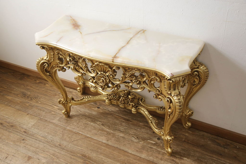中古　美品　イタリア　ロココ調　SILIK(シリック)　大理石の天板とゴールドの装飾がゴージャス感を高めるコンソールテーブル(サイドテーブル、飾り台)(定価約60万円)(R-056636)