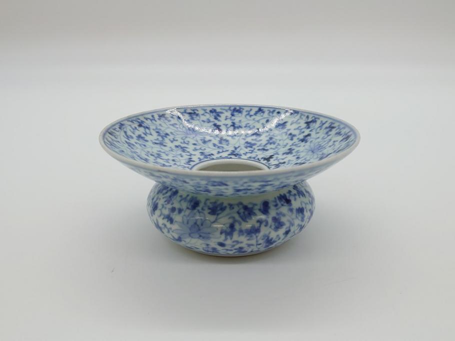 古伊万里　染付　全面　花唐草文　全面に花唐草の絵付けがされた可憐な盃台(懐石道具、唾壺)(R-061874)