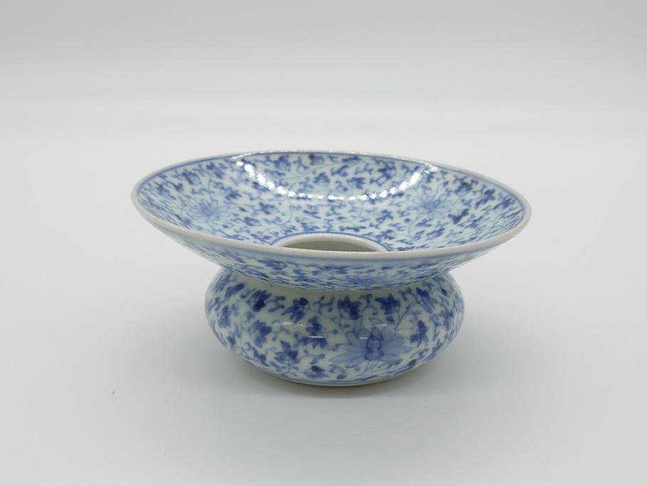 古伊万里　染付　全面　花唐草文　全面に花唐草の絵付けがされた可憐な盃台(懐石道具、唾壺)(R-061874)