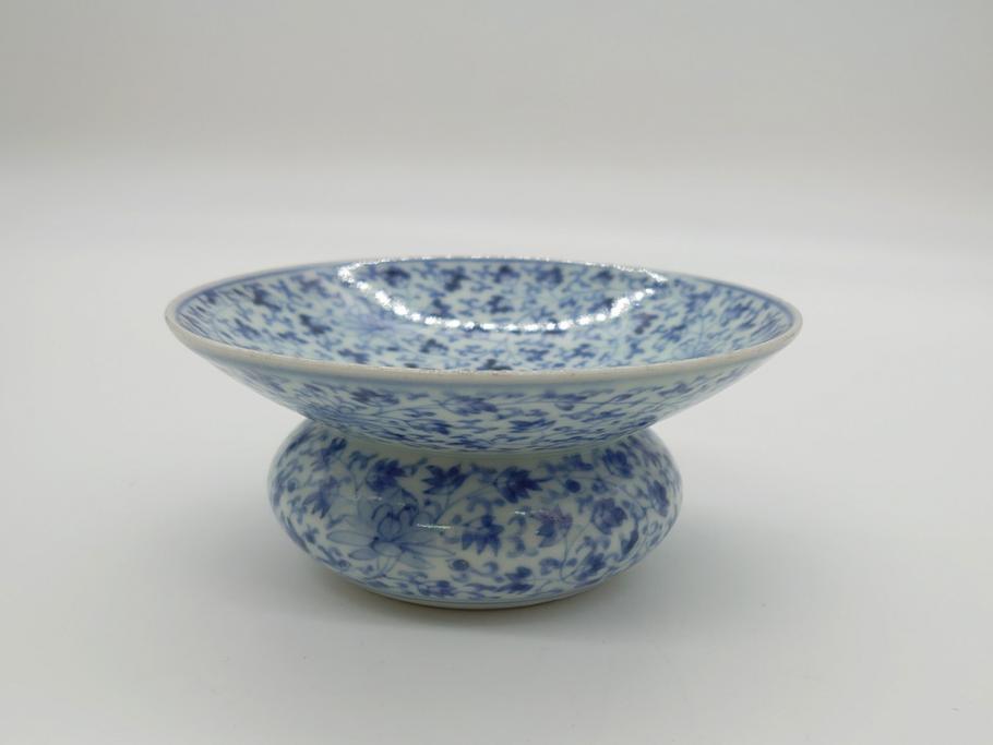 古伊万里　染付　全面　花唐草文　全面に花唐草の絵付けがされた可憐な盃台(懐石道具、唾壺)(R-061874)