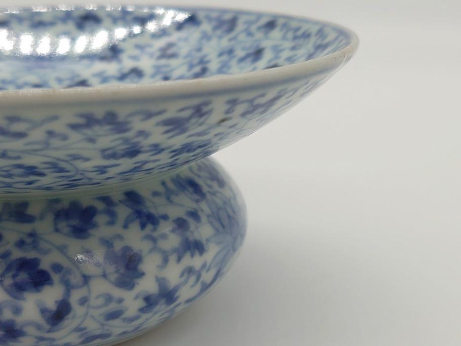 古伊万里　染付　全面　花唐草文　全面に花唐草の絵付けがされた可憐な盃台(懐石道具、唾壺)(R-061874)