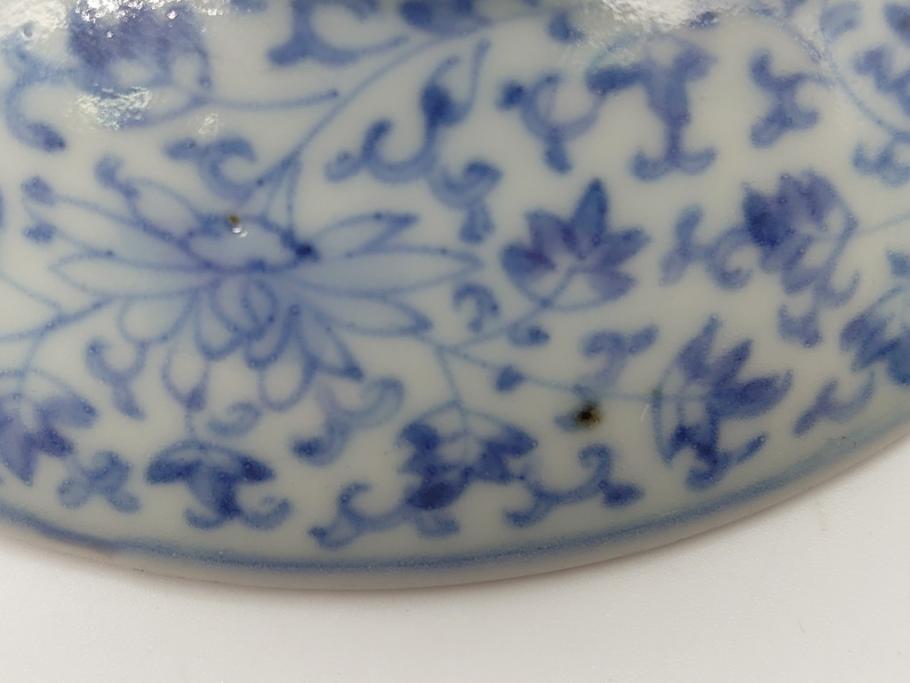 古伊万里　染付　全面　花唐草文　全面に花唐草の絵付けがされた可憐な盃台(懐石道具、唾壺)(R-061874)
