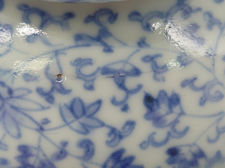 古伊万里　染付　全面　花唐草文　全面に花唐草の絵付けがされた可憐な盃台(懐石道具、唾壺)(R-061874)