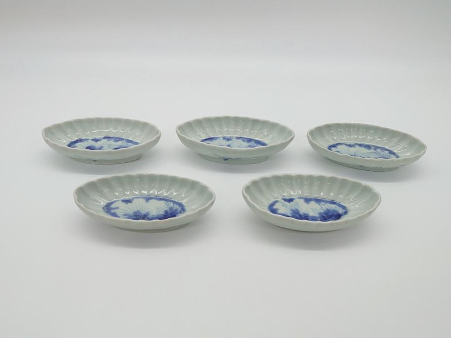 染付　楕円　菊形　花?図　3.6寸皿　約11　上品なフォルムが食卓のアクセントになる小皿5枚セット(三寸六分、和皿、変形皿、和食器)(R-061873)