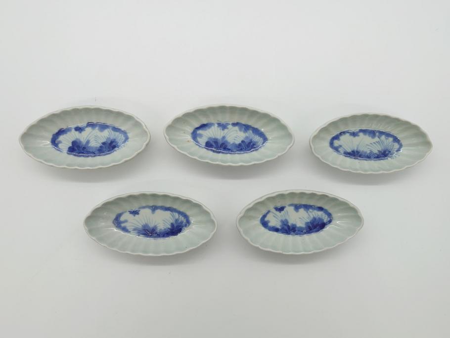 染付　楕円　菊形　花?図　3.6寸皿　約11　上品なフォルムが食卓のアクセントになる小皿5枚セット(三寸六分、和皿、変形皿、和食器)(R-061873)