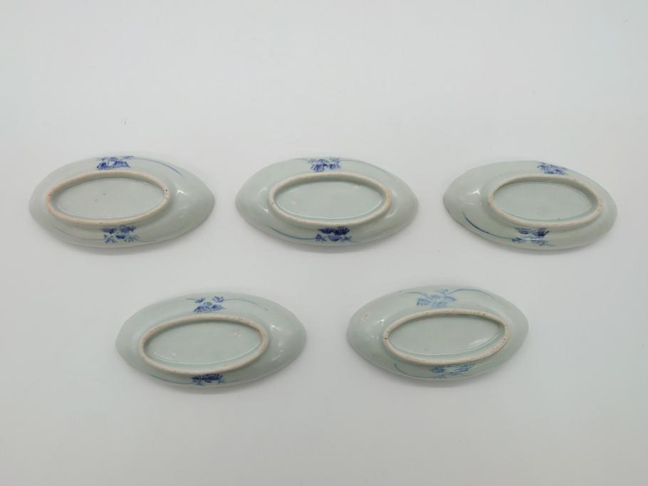 染付　楕円　菊形　花?図　3.6寸皿　約11　上品なフォルムが食卓のアクセントになる小皿5枚セット(三寸六分、和皿、変形皿、和食器)(R-061873)