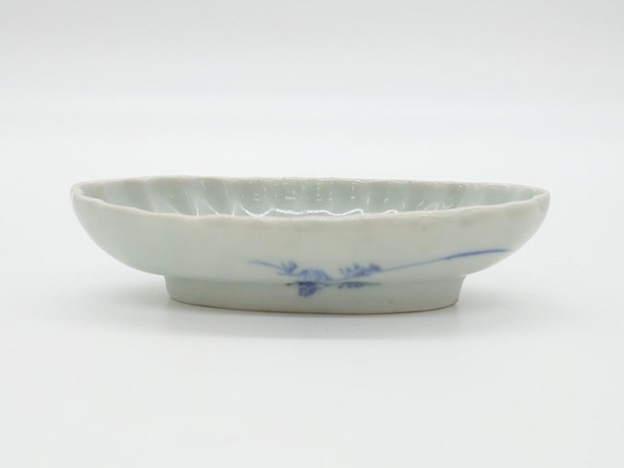 染付　楕円　菊形　花?図　3.6寸皿　約11　上品なフォルムが食卓のアクセントになる小皿5枚セット(三寸六分、和皿、変形皿、和食器)(R-061873)