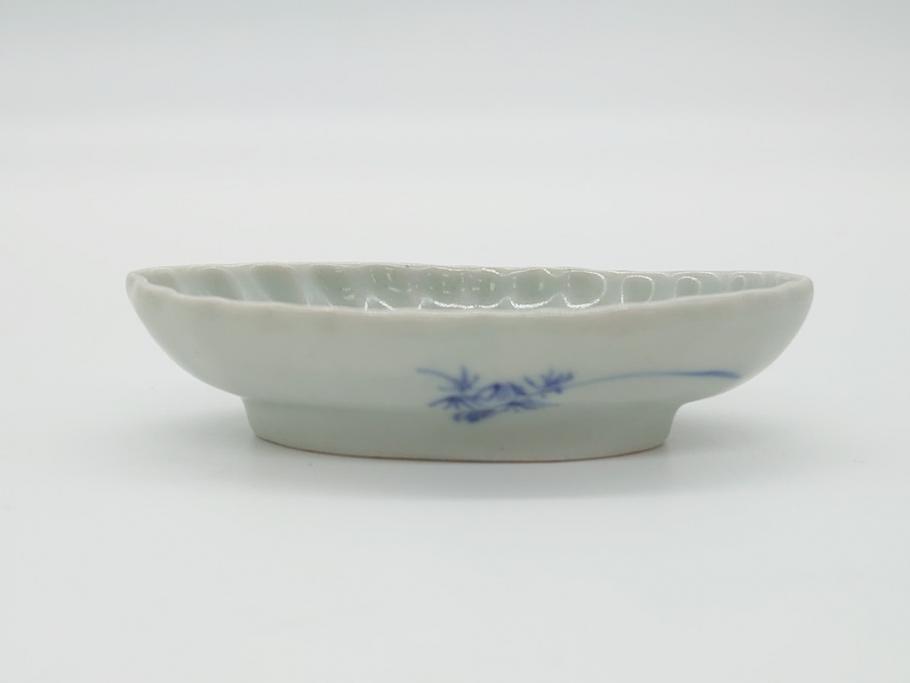 染付　楕円　菊形　花?図　3.6寸皿　約11　上品なフォルムが食卓のアクセントになる小皿5枚セット(三寸六分、和皿、変形皿、和食器)(R-061873)