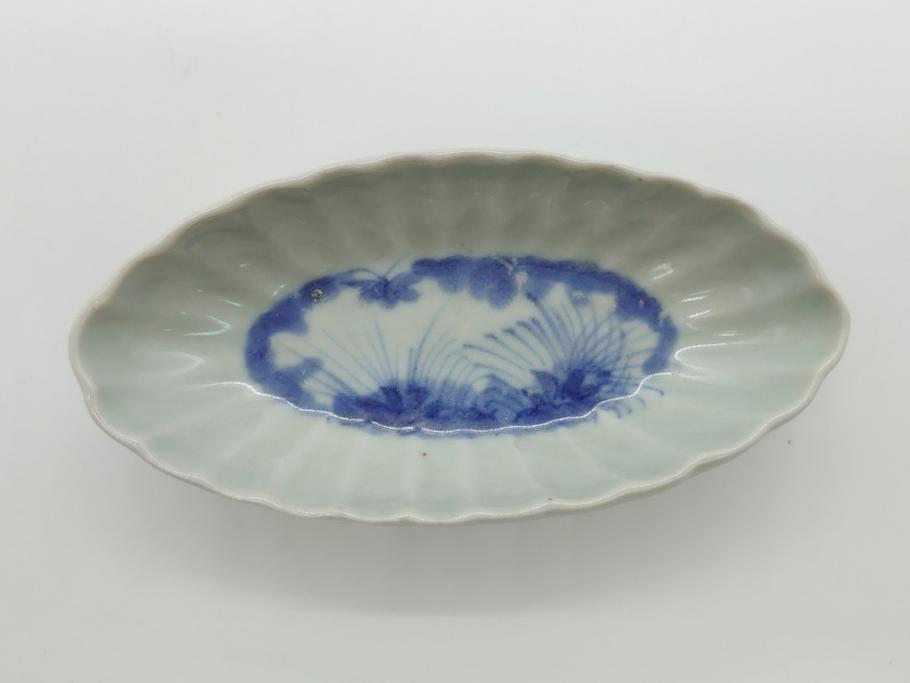 染付　楕円　菊形　花?図　3.6寸皿　約11　上品なフォルムが食卓のアクセントになる小皿5枚セット(三寸六分、和皿、変形皿、和食器)(R-061873)