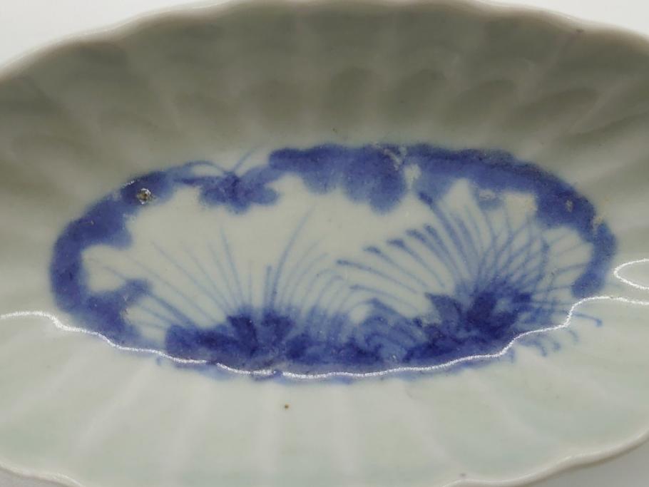 染付　楕円　菊形　花?図　3.6寸皿　約11　上品なフォルムが食卓のアクセントになる小皿5枚セット(三寸六分、和皿、変形皿、和食器)(R-061873)