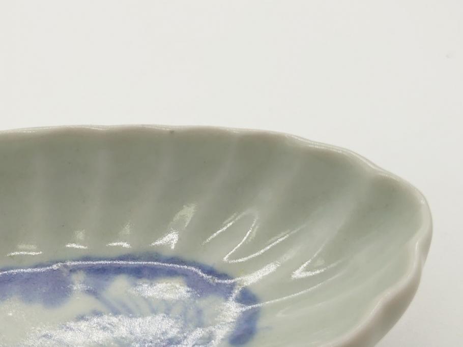 染付　楕円　菊形　花?図　3.6寸皿　約11　上品なフォルムが食卓のアクセントになる小皿5枚セット(三寸六分、和皿、変形皿、和食器)(R-061873)