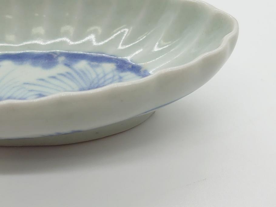 染付　楕円　菊形　花?図　3.6寸皿　約11　上品なフォルムが食卓のアクセントになる小皿5枚セット(三寸六分、和皿、変形皿、和食器)(R-061873)