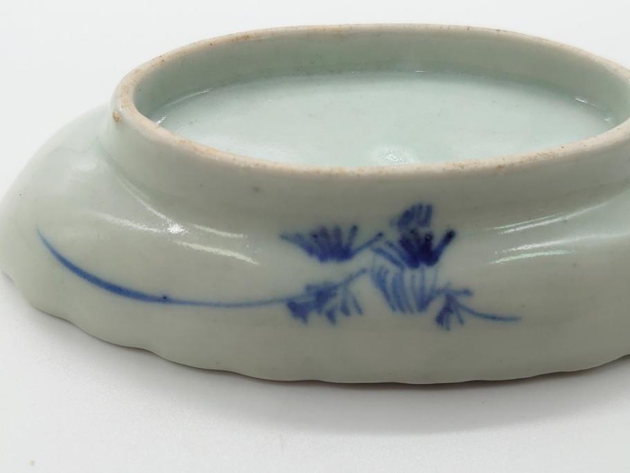 染付　楕円　菊形　花?図　3.6寸皿　約11　上品なフォルムが食卓のアクセントになる小皿5枚セット(三寸六分、和皿、変形皿、和食器)(R-061873)