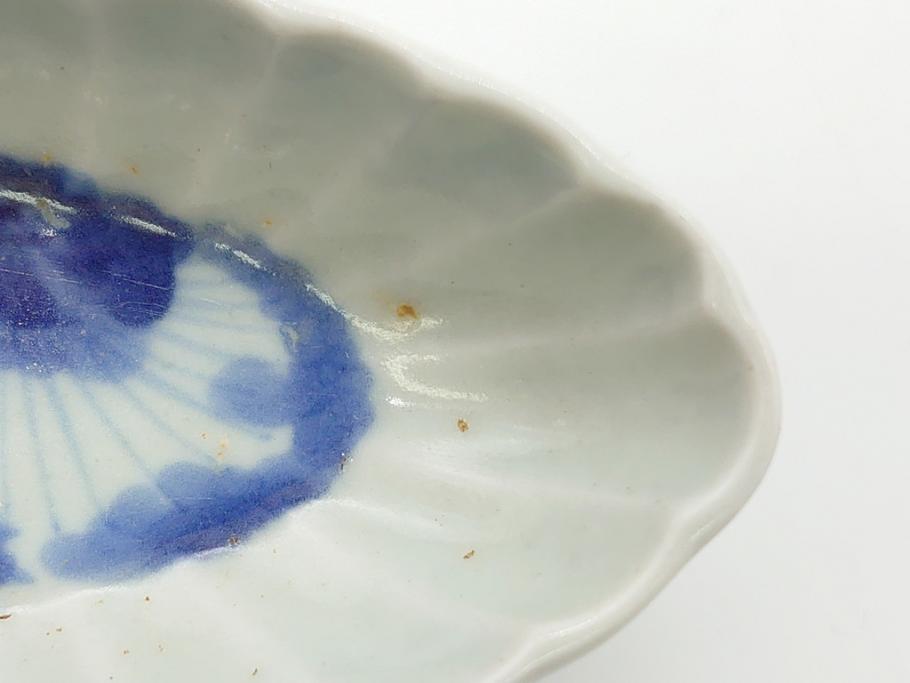 染付　楕円　菊形　花?図　3.6寸皿　約11　上品なフォルムが食卓のアクセントになる小皿5枚セット(三寸六分、和皿、変形皿、和食器)(R-061873)