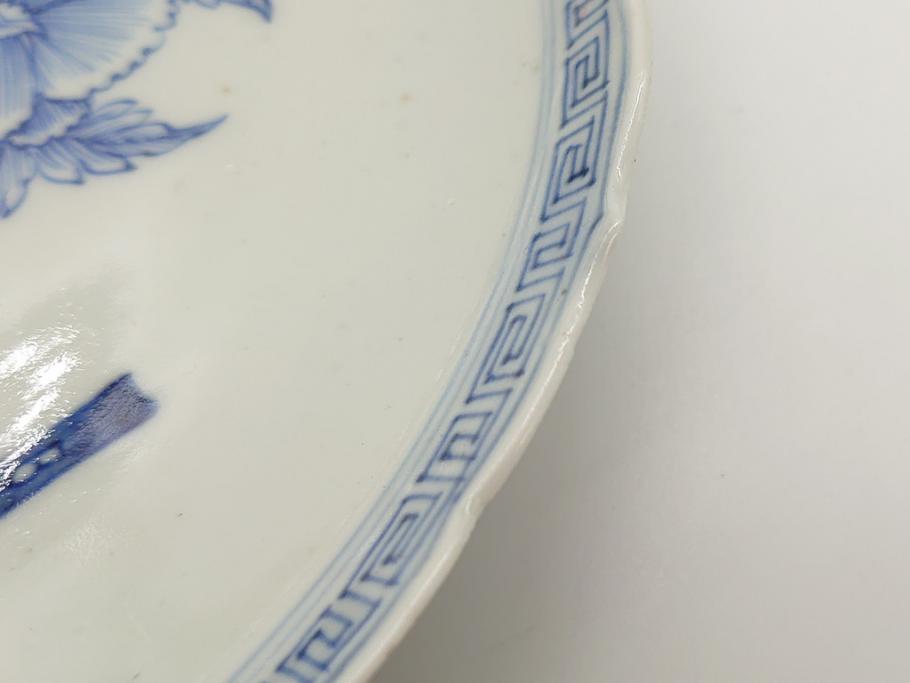 江戸期　古伊万里　花盆図　7寸皿　約21.5　ひとつひとつ丁寧に絵付けされた中皿2枚セット(七寸、稜花型、輪花型、雷紋、変形皿、和食器、和皿)(R-061870)