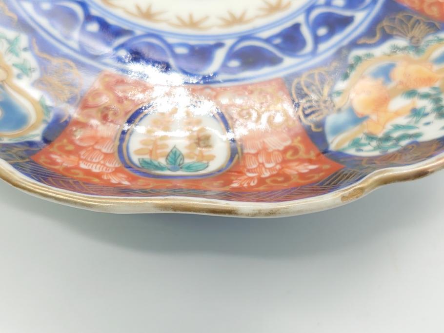 明治期　富長貴春(富貴長春)　伊万里　金襴手　金魚に花図　6.8寸皿　約20.5cm　色彩豊かで食卓に華やぎをもたらす皿3枚セット(六寸八分、中皿、和食器、和皿)(R-061882)