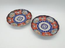 明治期　富長貴春(富貴長春)　伊万里　金襴手　金魚に花図　6.8寸皿　約20.5cm　色彩豊かで食卓に華やぎをもたらす皿2枚セット(六寸八分、和食器、和皿)(R-061883)