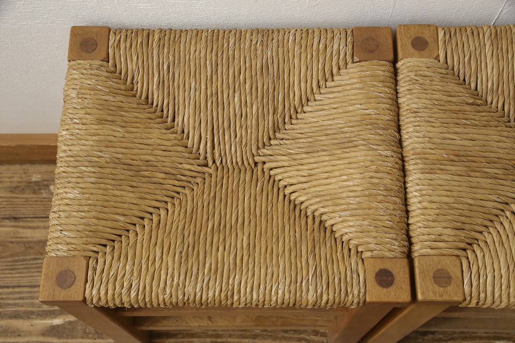 ヴィンテージ　松本民芸家具　初期モデル　ラッシ座面がおしゃれ!素朴な木肌が味わい深いスツール3脚セット(チェア、椅子、ビンテージ)(R-058973)