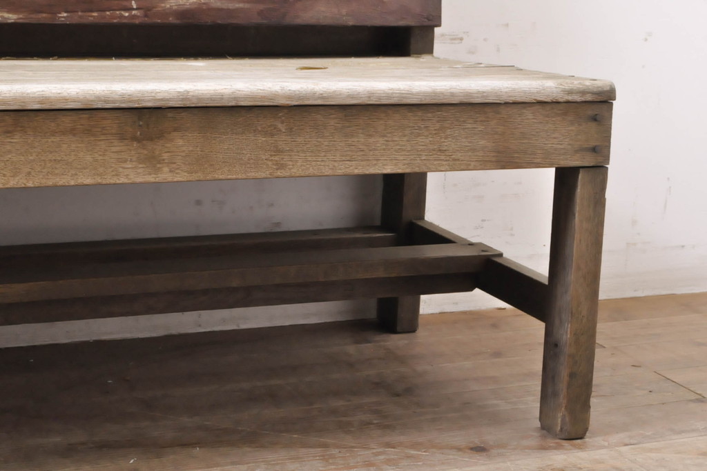 和製アンティーク　ナラ(楢)材　シンプルで重厚感のある佇まいが魅力の大振りベンチ(長椅子、長イス、板座チェア、木製ベンチ)(R-068137)