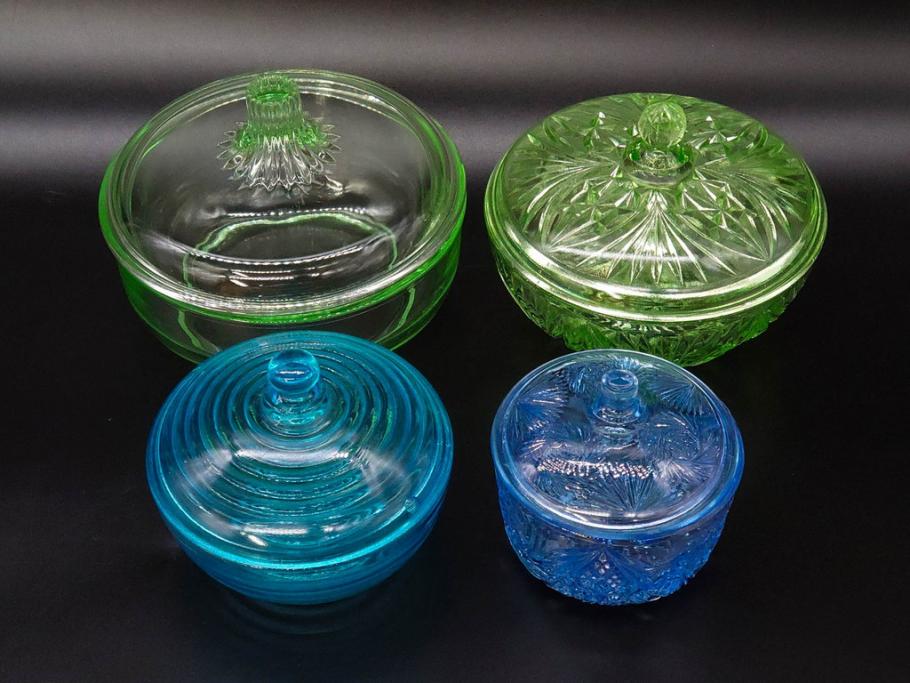 当時物　昭和初期　ウランガラス　プレスガラス　蓋物　お部屋を上品に演出するキャンディポット4点セット(ボンボニエール、硝子、菓子瓶、小物入れ)(R-082800)