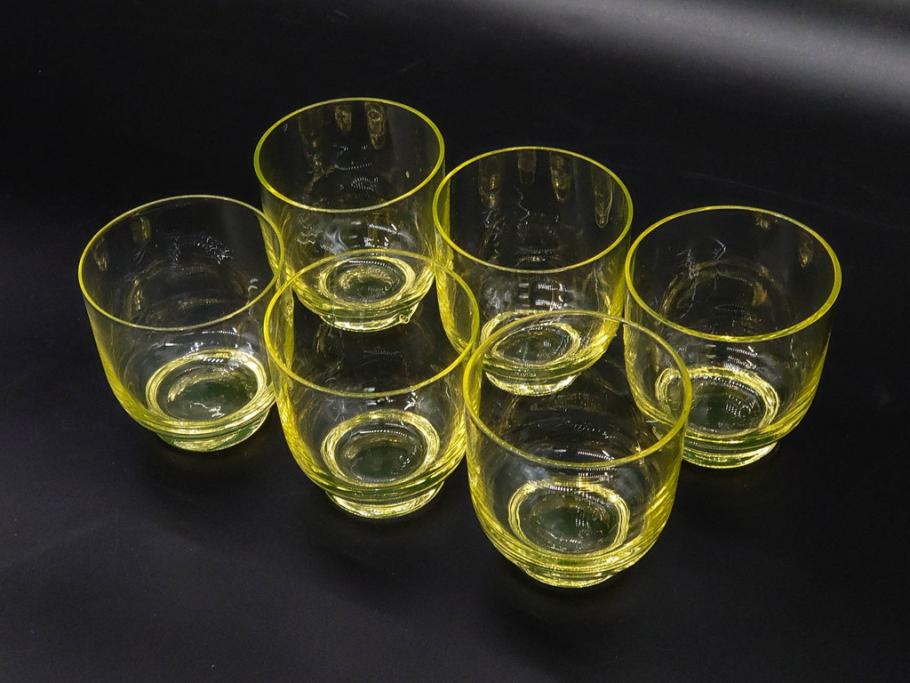 大正～昭和初期　当時物　ウランガラス　独特な色味が魅力のグラス6客セット(コップ、硝子、和ガラス)(R-082802)
