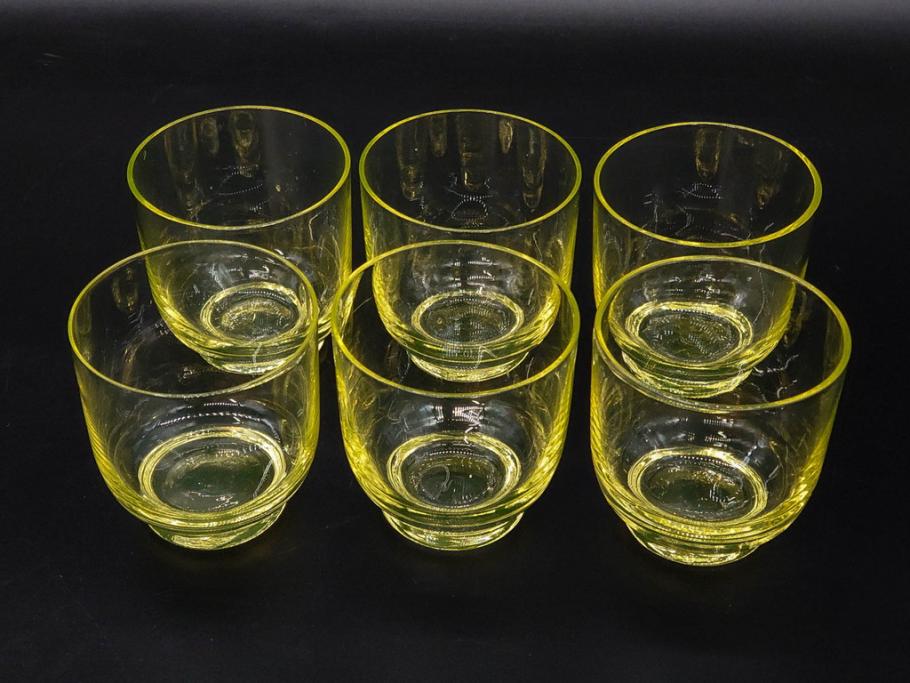大正～昭和初期　当時物　ウランガラス　独特な色味が魅力のグラス6客セット(コップ、硝子、和ガラス)(R-082802)