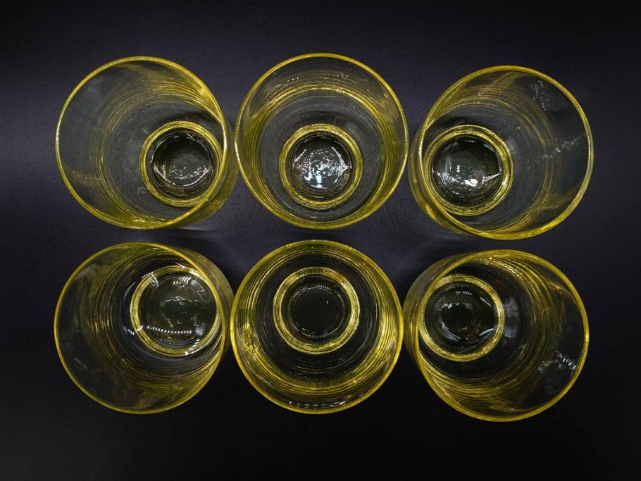 大正～昭和初期　当時物　ウランガラス　独特な色味が魅力のグラス6客セット(コップ、硝子、和ガラス)(R-082802)