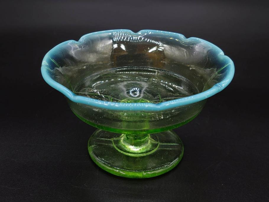 大正～昭和初期　当時物　プレスガラス　青縁　輪花　アイスクリームコップ　涼しげな佇まいの氷コップ3点セット(水色、グラス、硝子、和ガラス)(R-082803)