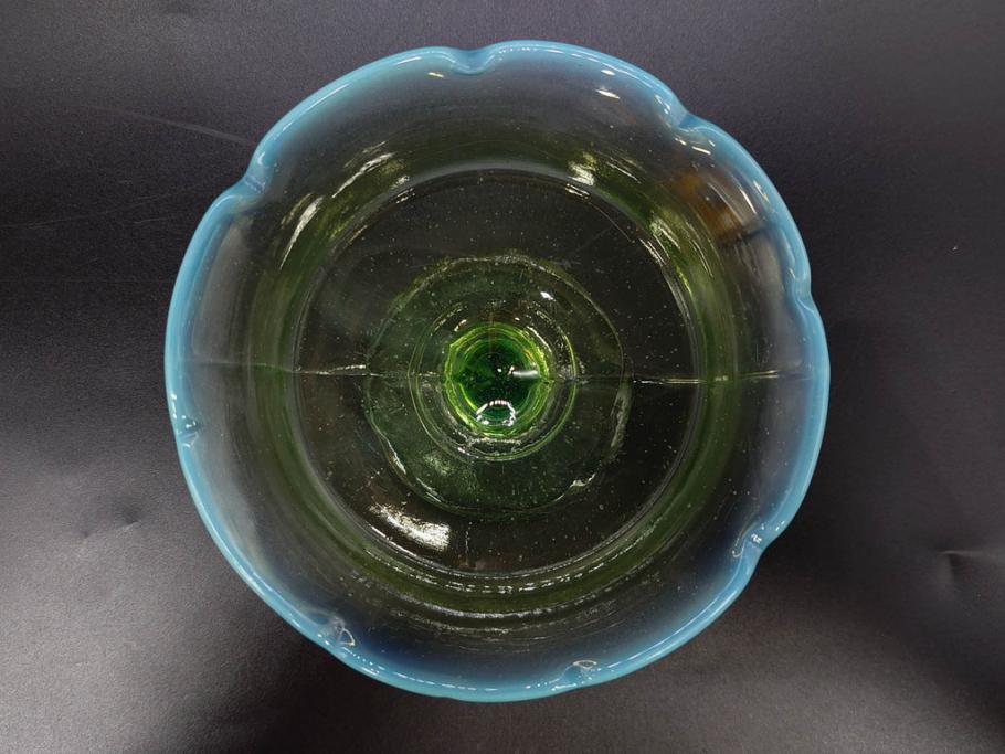 大正～昭和初期　当時物　プレスガラス　青縁　輪花　アイスクリームコップ　涼しげな佇まいの氷コップ3点セット(水色、グラス、硝子、和ガラス)(R-082803)