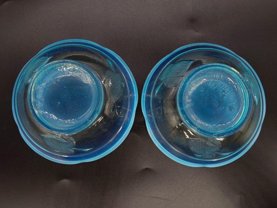 大正～昭和初期　当時物　プレスガラス　青縁　輪花　アイスクリームコップ　涼しげな佇まいの氷コップ3点セット(水色、グラス、硝子、和ガラス)(R-082803)