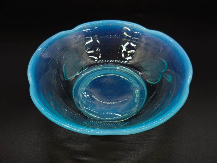 大正～昭和初期　当時物　プレスガラス　青縁　輪花　アイスクリームコップ　涼しげな佇まいの氷コップ3点セット(水色、グラス、硝子、和ガラス)(R-082803)