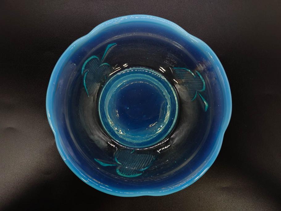 大正～昭和初期　当時物　プレスガラス　青縁　輪花　アイスクリームコップ　涼しげな佇まいの氷コップ3点セット(水色、グラス、硝子、和ガラス)(R-082803)