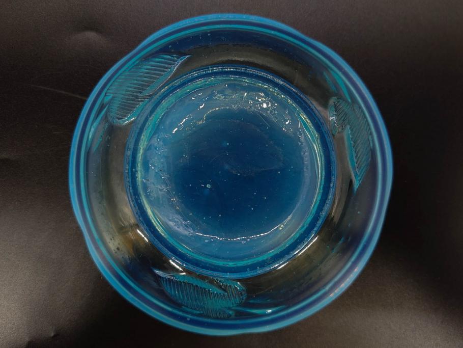 大正～昭和初期　当時物　プレスガラス　青縁　輪花　アイスクリームコップ　涼しげな佇まいの氷コップ3点セット(水色、グラス、硝子、和ガラス)(R-082803)