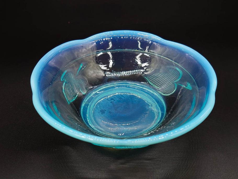 大正～昭和初期　当時物　プレスガラス　青縁　輪花　アイスクリームコップ　涼しげな佇まいの氷コップ3点セット(水色、グラス、硝子、和ガラス)(R-082803)