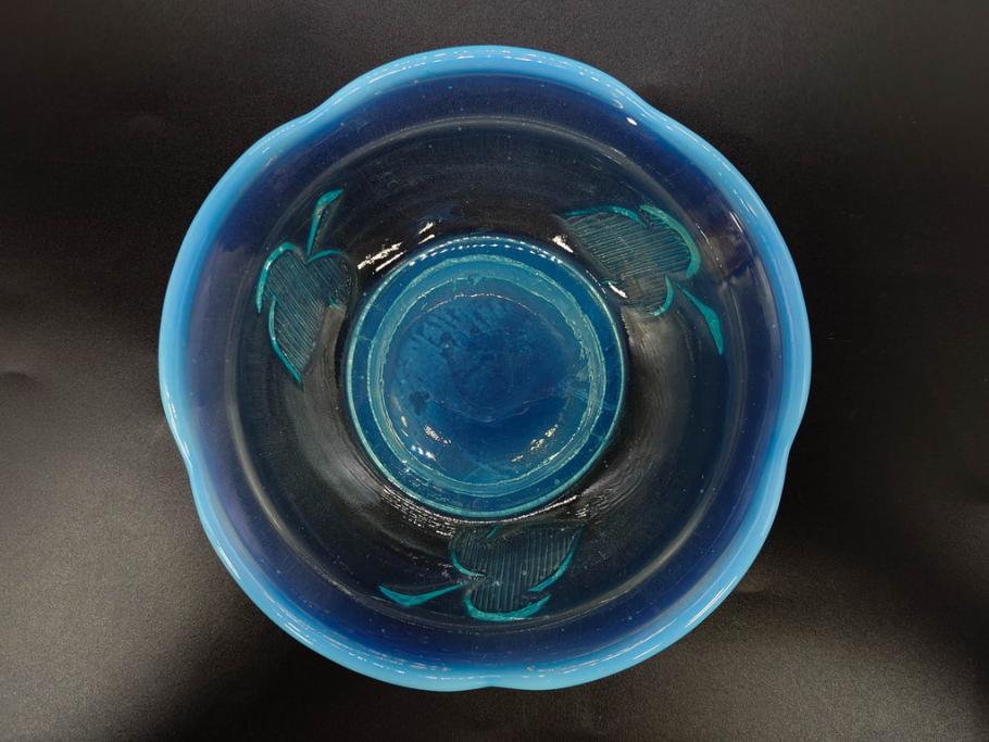大正～昭和初期　当時物　プレスガラス　青縁　輪花　アイスクリームコップ　涼しげな佇まいの氷コップ3点セット(水色、グラス、硝子、和ガラス)(R-082803)