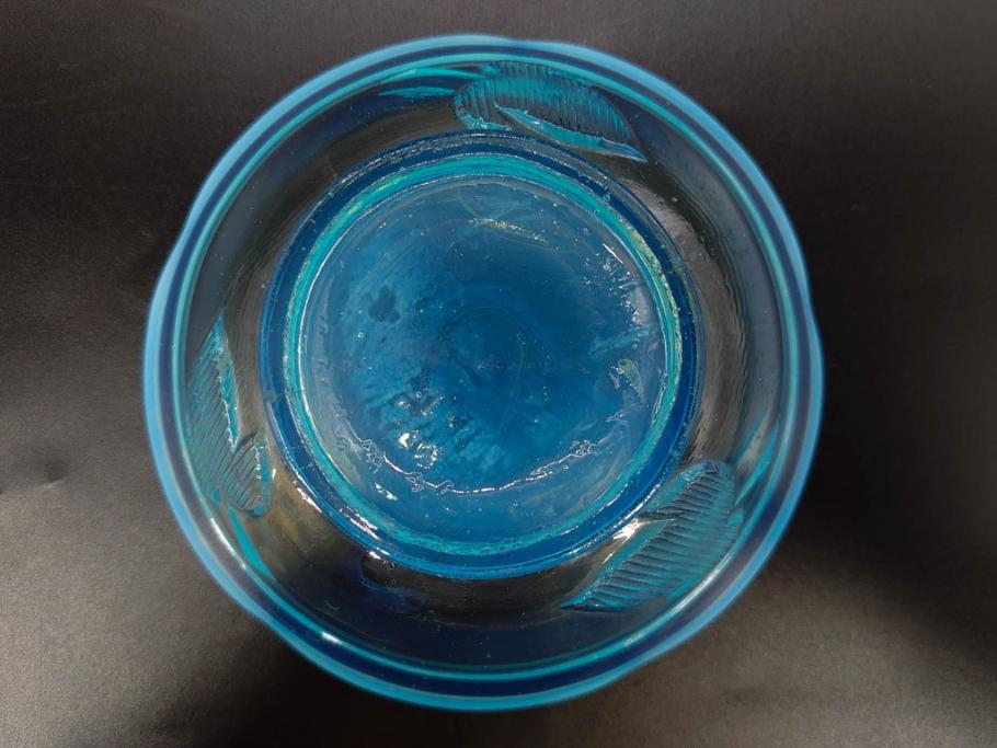 大正～昭和初期　当時物　プレスガラス　青縁　輪花　アイスクリームコップ　涼しげな佇まいの氷コップ3点セット(水色、グラス、硝子、和ガラス)(R-082803)