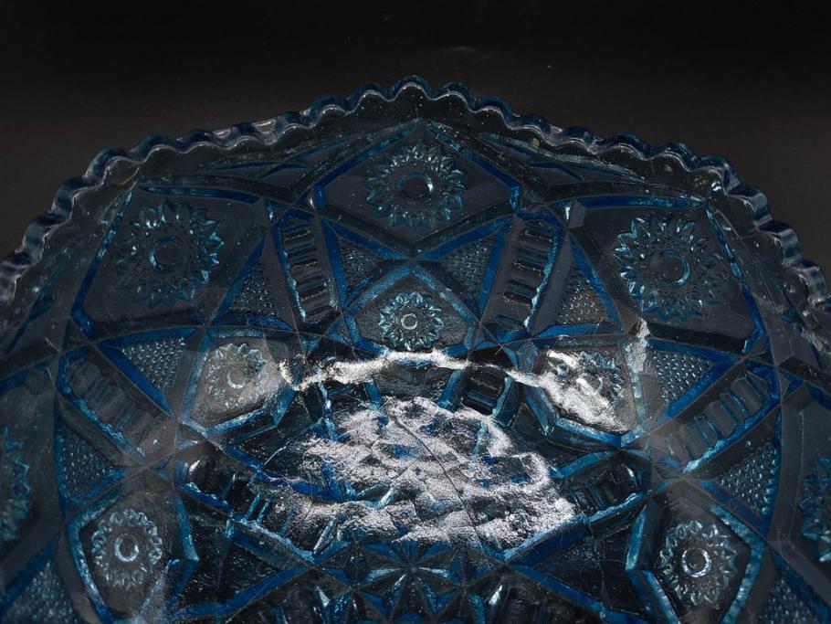昭和初期　切子　プレスガラス　お部屋に清涼感をもたらすボウル2点&灰皿セット(青、硝子、ガラス鉢、深皿、アシュトレイ、器、和ガラス)(R-082808)