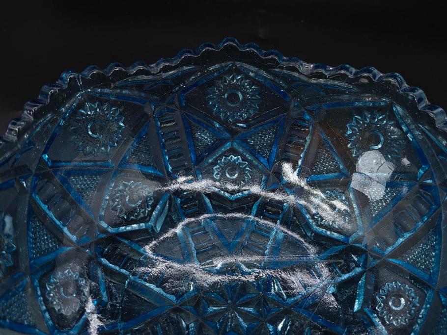 昭和初期　切子　プレスガラス　お部屋に清涼感をもたらすボウル2点&灰皿セット(青、硝子、ガラス鉢、深皿、アシュトレイ、器、和ガラス)(R-082808)