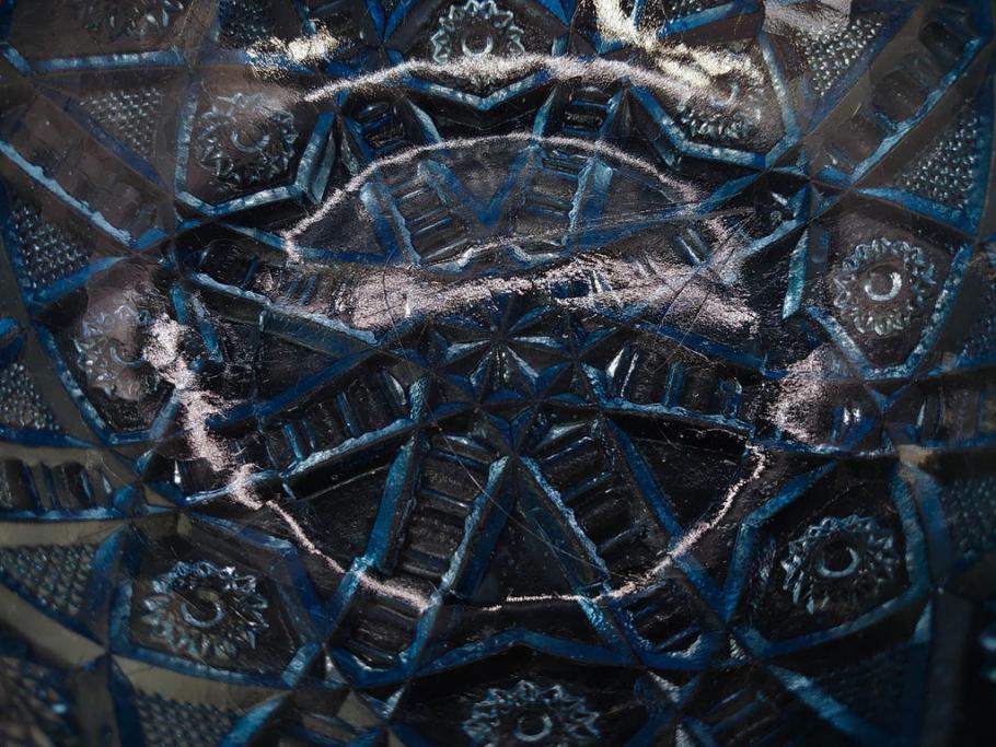 昭和初期　切子　プレスガラス　お部屋に清涼感をもたらすボウル2点&灰皿セット(青、硝子、ガラス鉢、深皿、アシュトレイ、器、和ガラス)(R-082808)